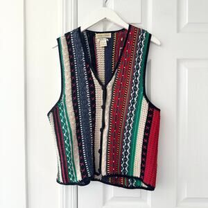 Casual Corner Hand Knit Coogi Style Multi Color Stripe Button Sweater Vest Large